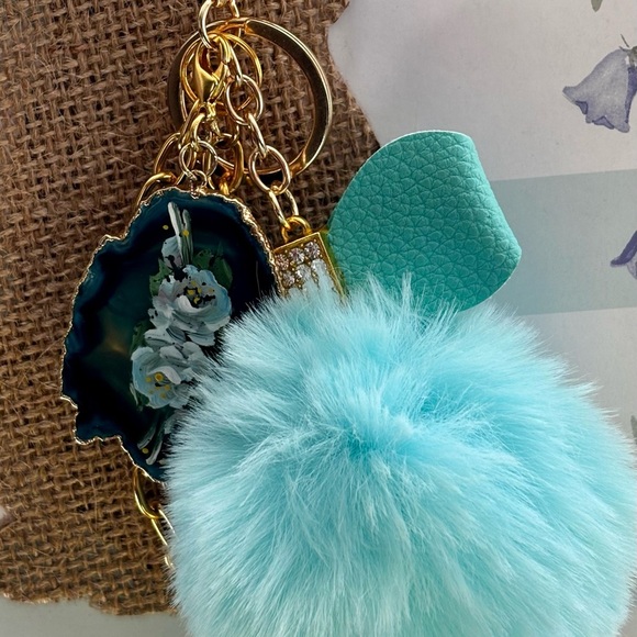 Turquoise Fur Pom Pom upcycled jewelry bag charm with Gold Chain - Picture 7 of 8